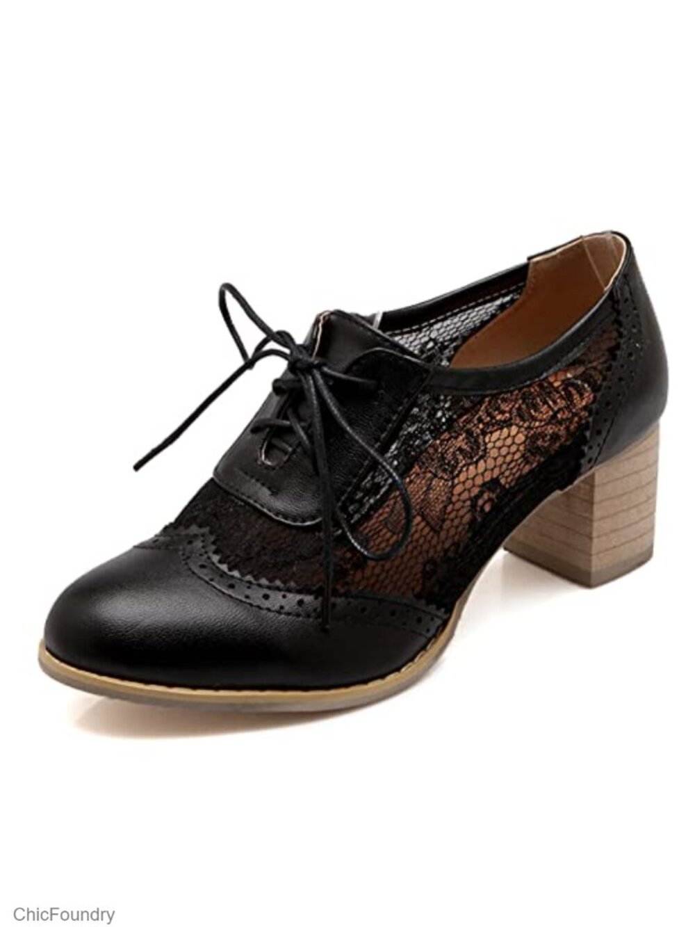 Lace PU Chunky Heel Wingtip Oxfords Lace-Up Round Toe Block Heels